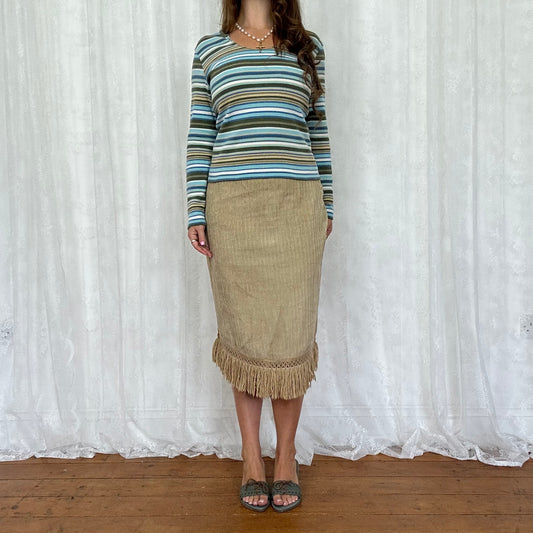 vintage 00s brown and blue striped long sleeve top