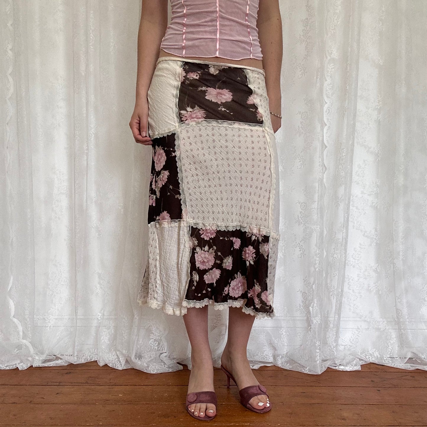 vintage 00s cream brown and pink floral patchwork midi skirt