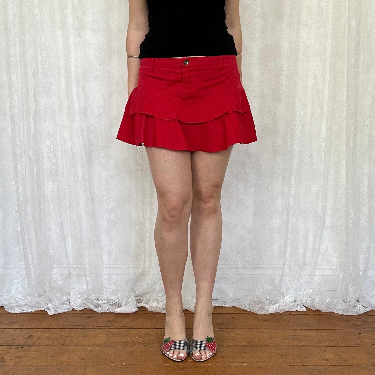 vintage 00s red frill hem mini skirt