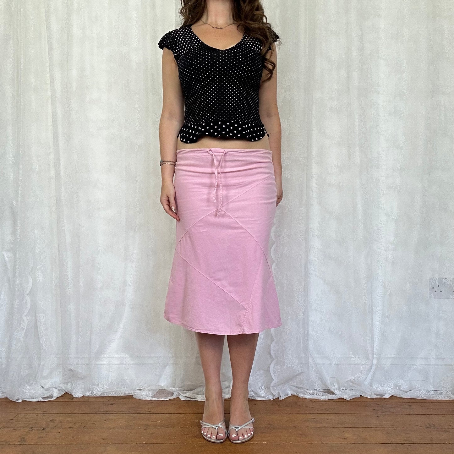 vintage 00s pink and black polka dot top