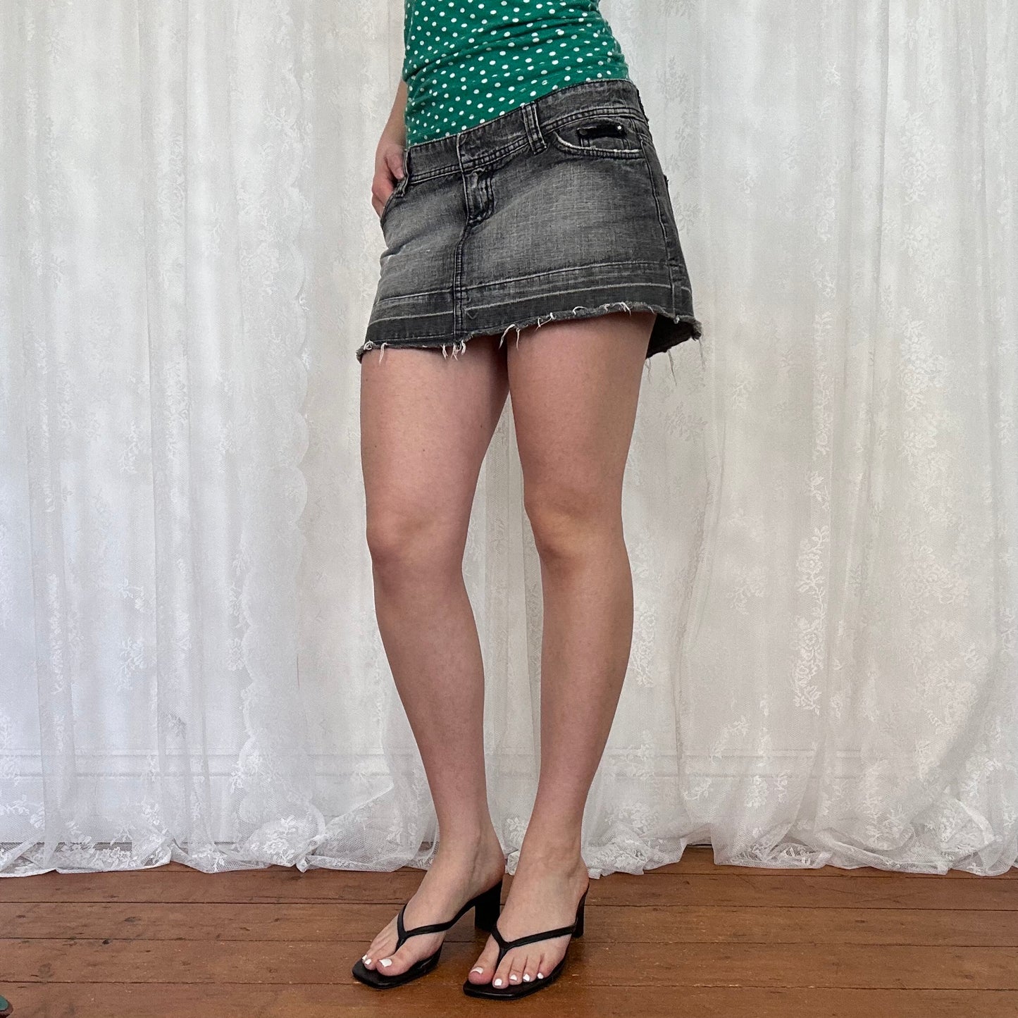 vintage 00s washed grey denim distressed mini skirt