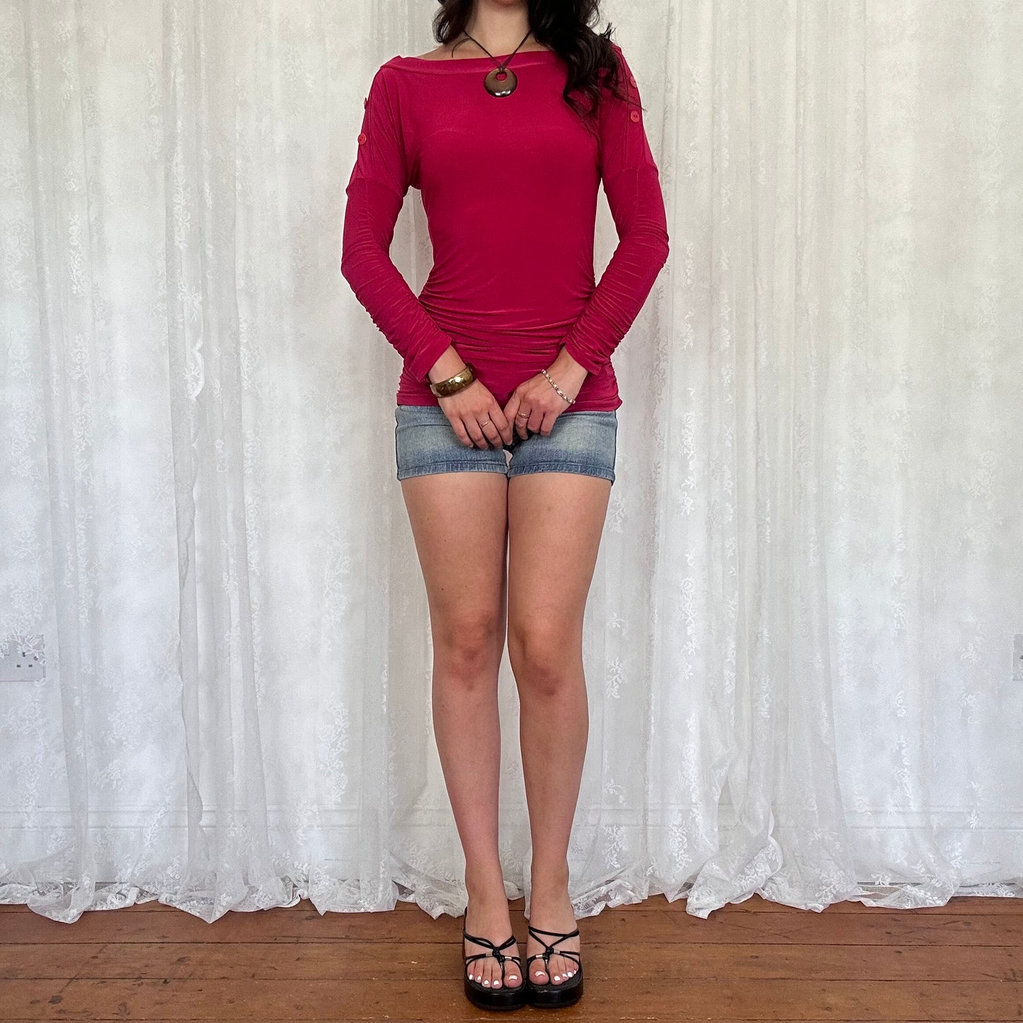 vintage 00s hot pink slouchy ruched top with button details