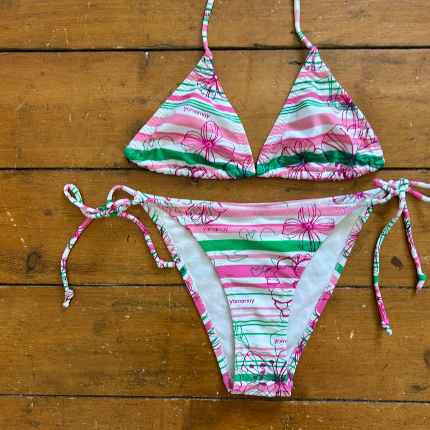 vintage 00s green and pink striped bikini