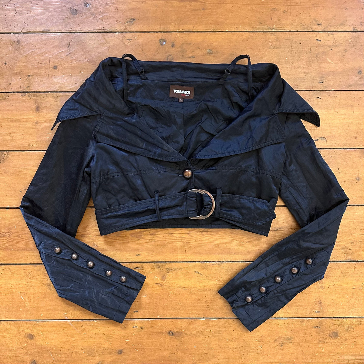 vintage 00s black cropped off shoulder jacket