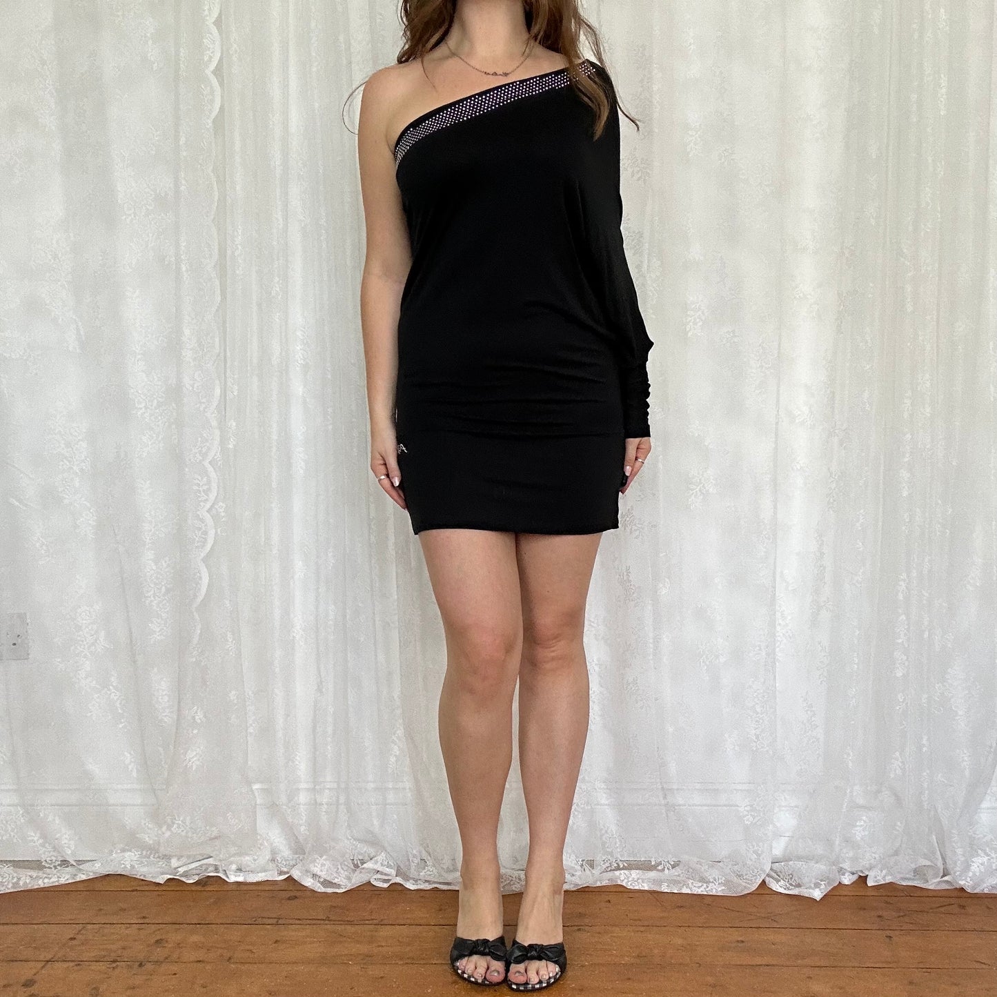 vintage 00s black one shoulder batwing mini dress