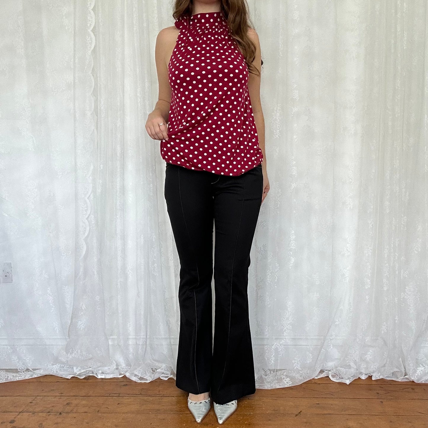 vintage 00s red polka dot high neck top