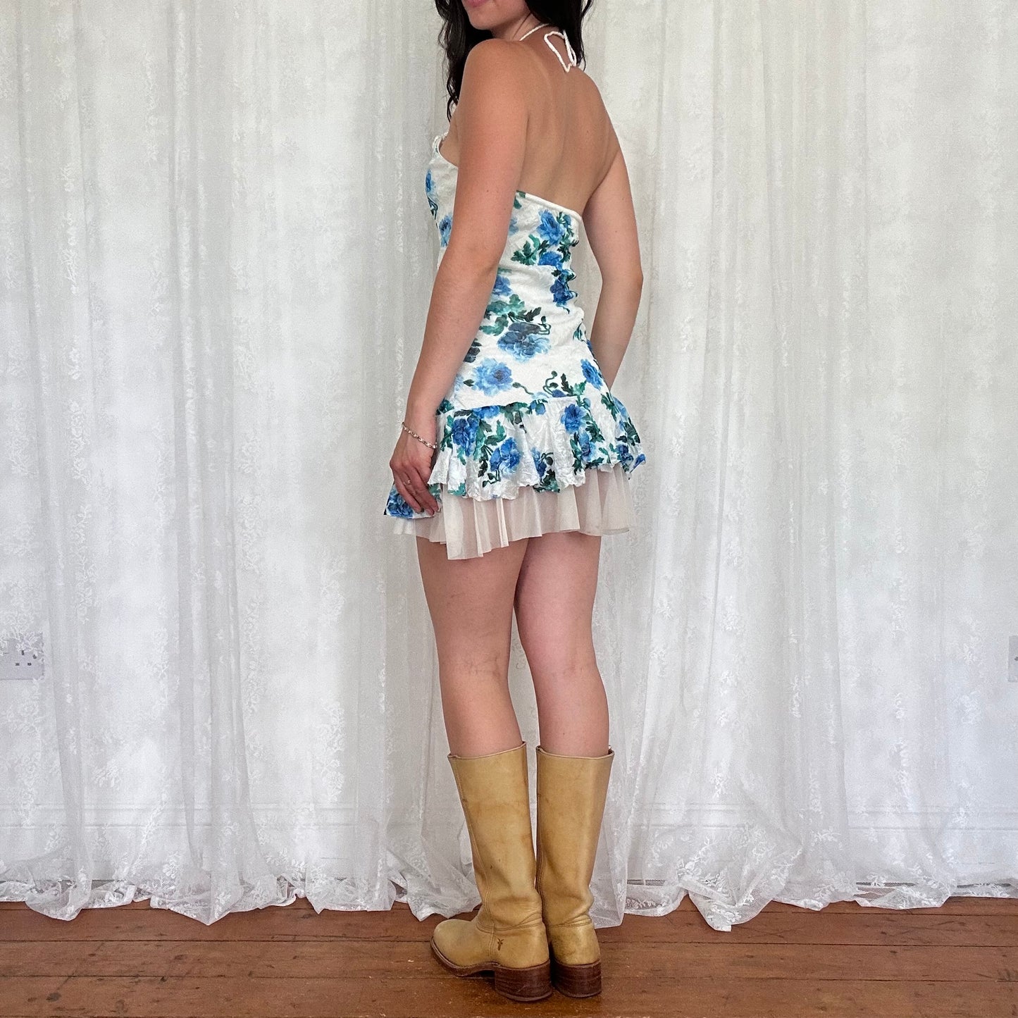 vintage 00s white and blue floral halter neck mini dress