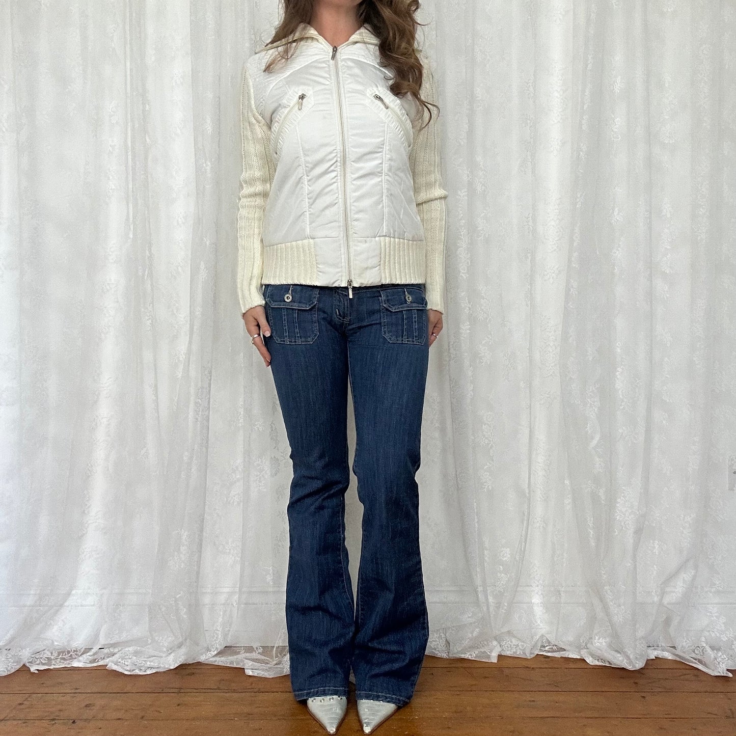 vintage 00s white cream cable knit puff jacket/jumper