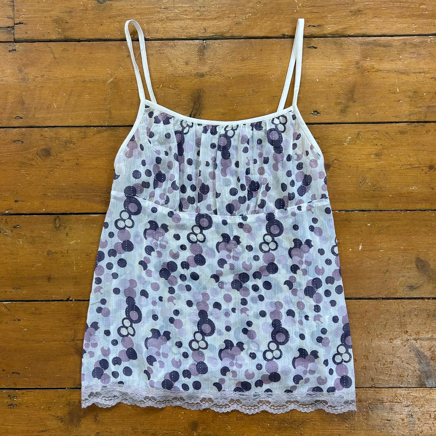 vintage 00s purple polka dot sheer cami top