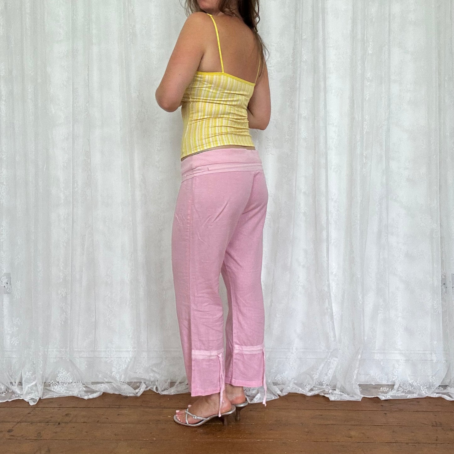vintage 00s baby pink linen cropped trousers