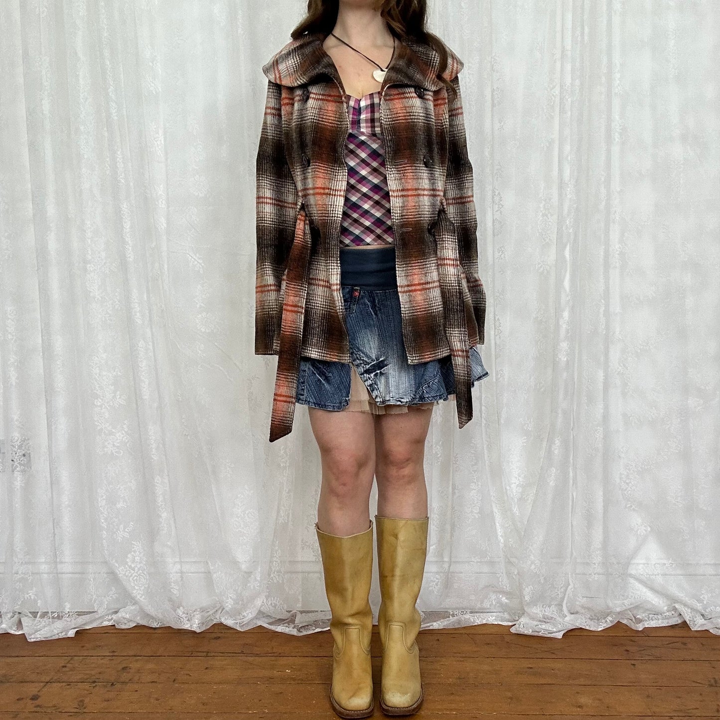 vintage 00s brown and orange checkered coat
