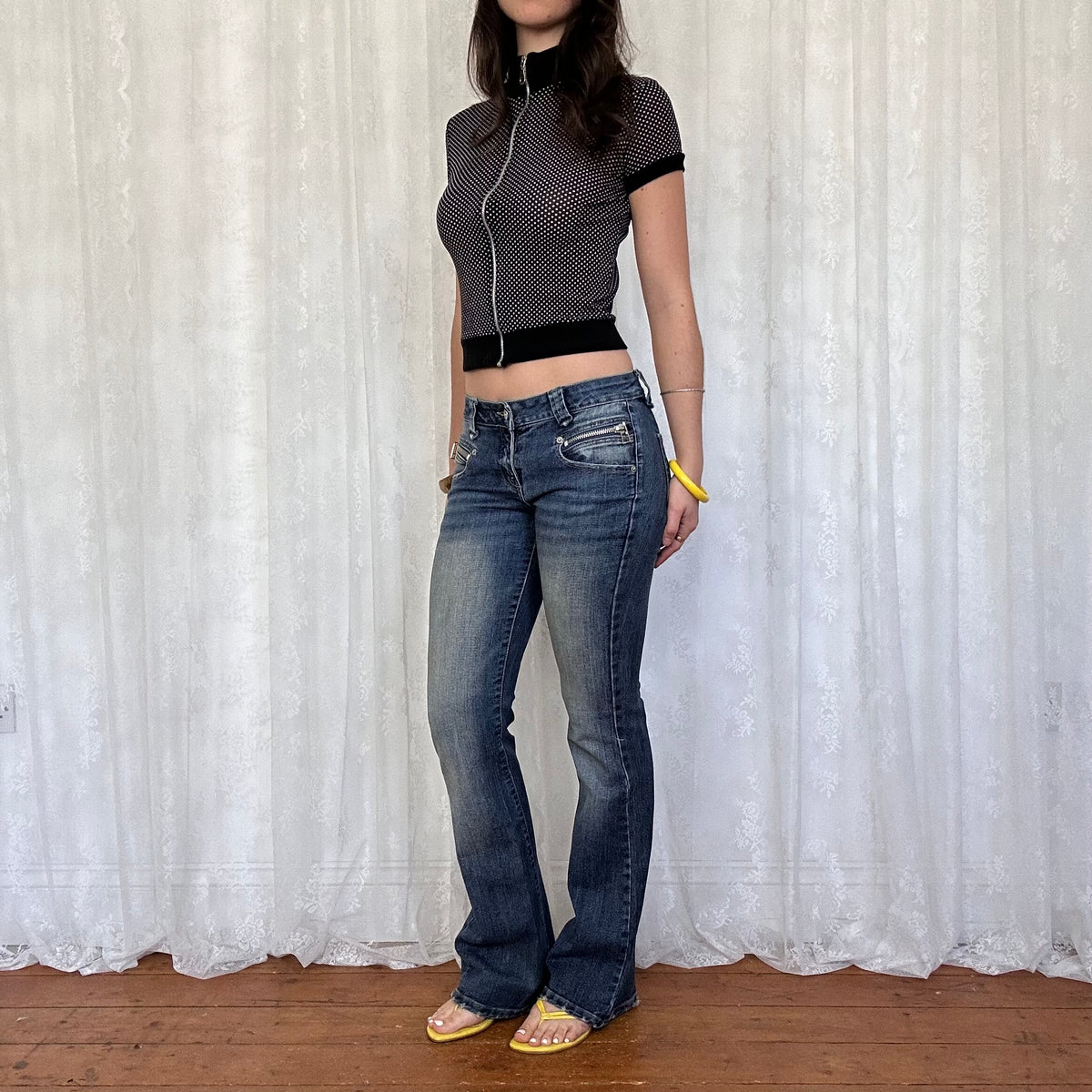 vintage 00s black polka dot zip up mesh top