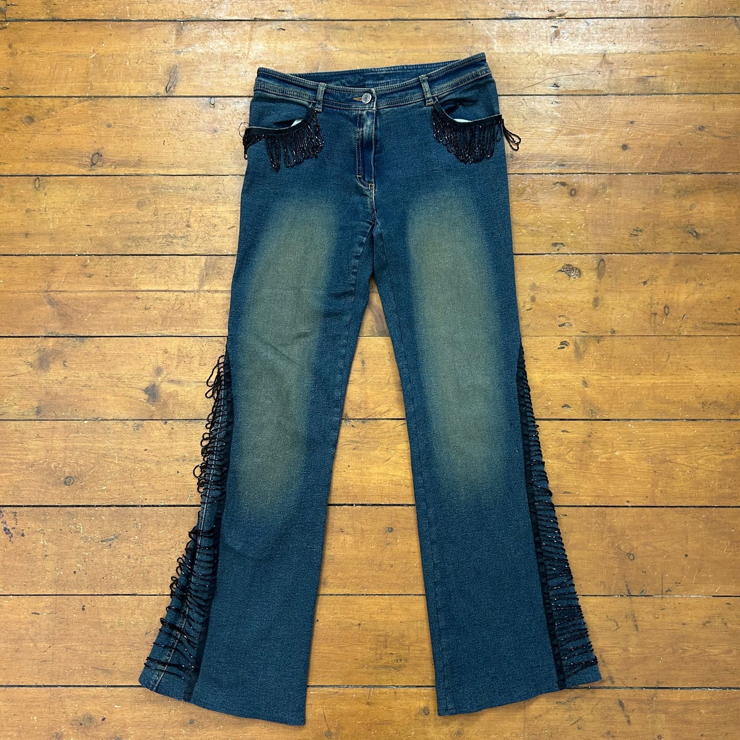 vintage 00s low rise black beaded tassle flared jeans
