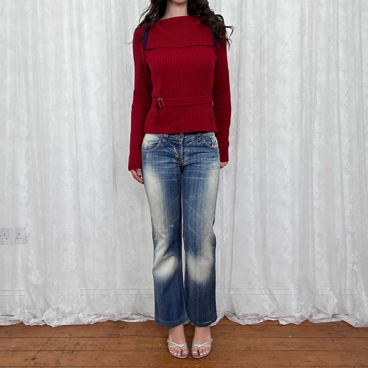 vintage 00s red foldover collar jumper with belt