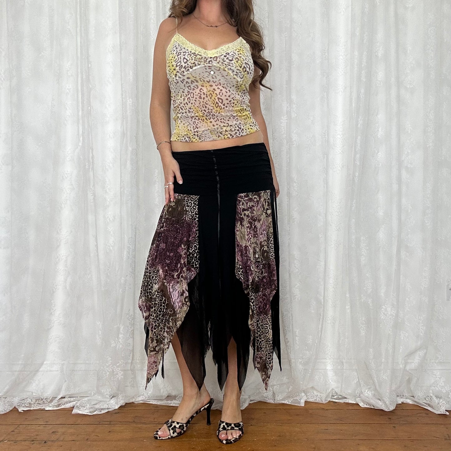 vintage 00s black animal print mesh fairy midi skirt