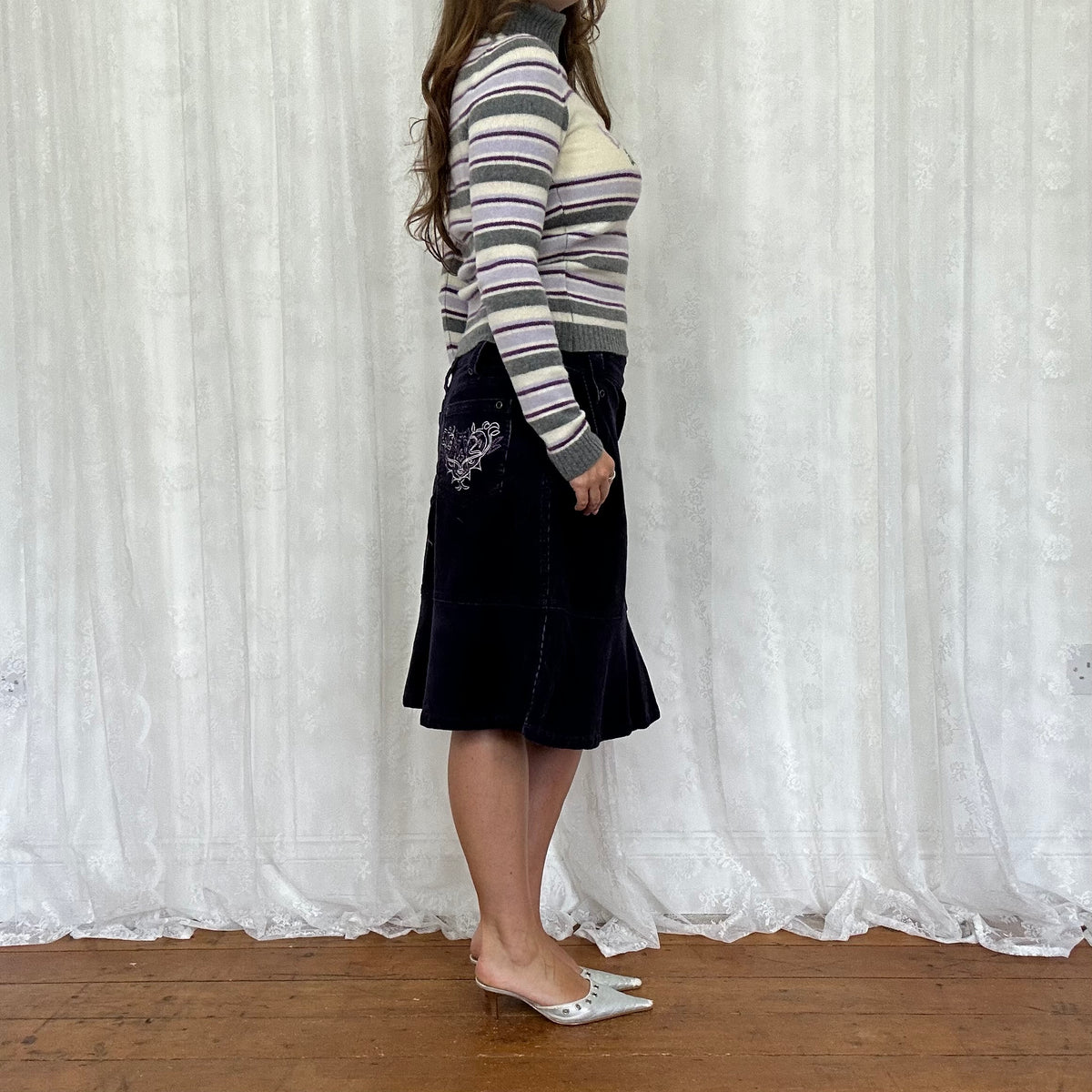 vintage 00s purple and grey striped roll neck jumper