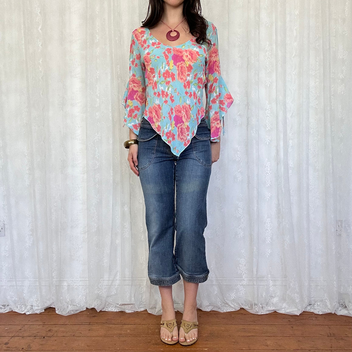 vintage 00s mid wash denim flared capri trousers