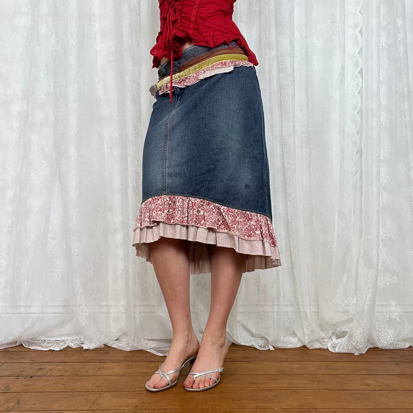 vintage 00s denim layered midi skirt