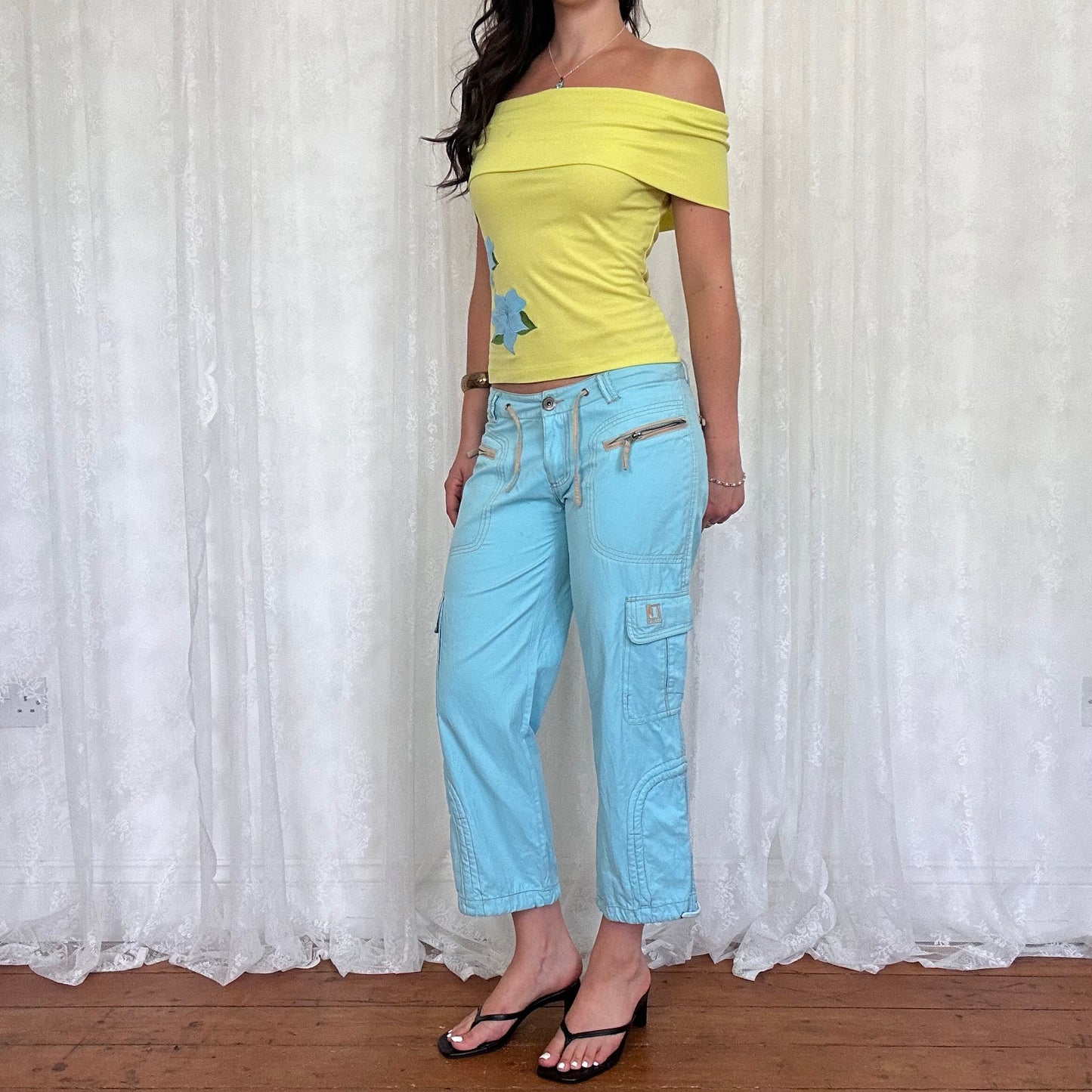 vintage 00s lime green floral off shoulder top
