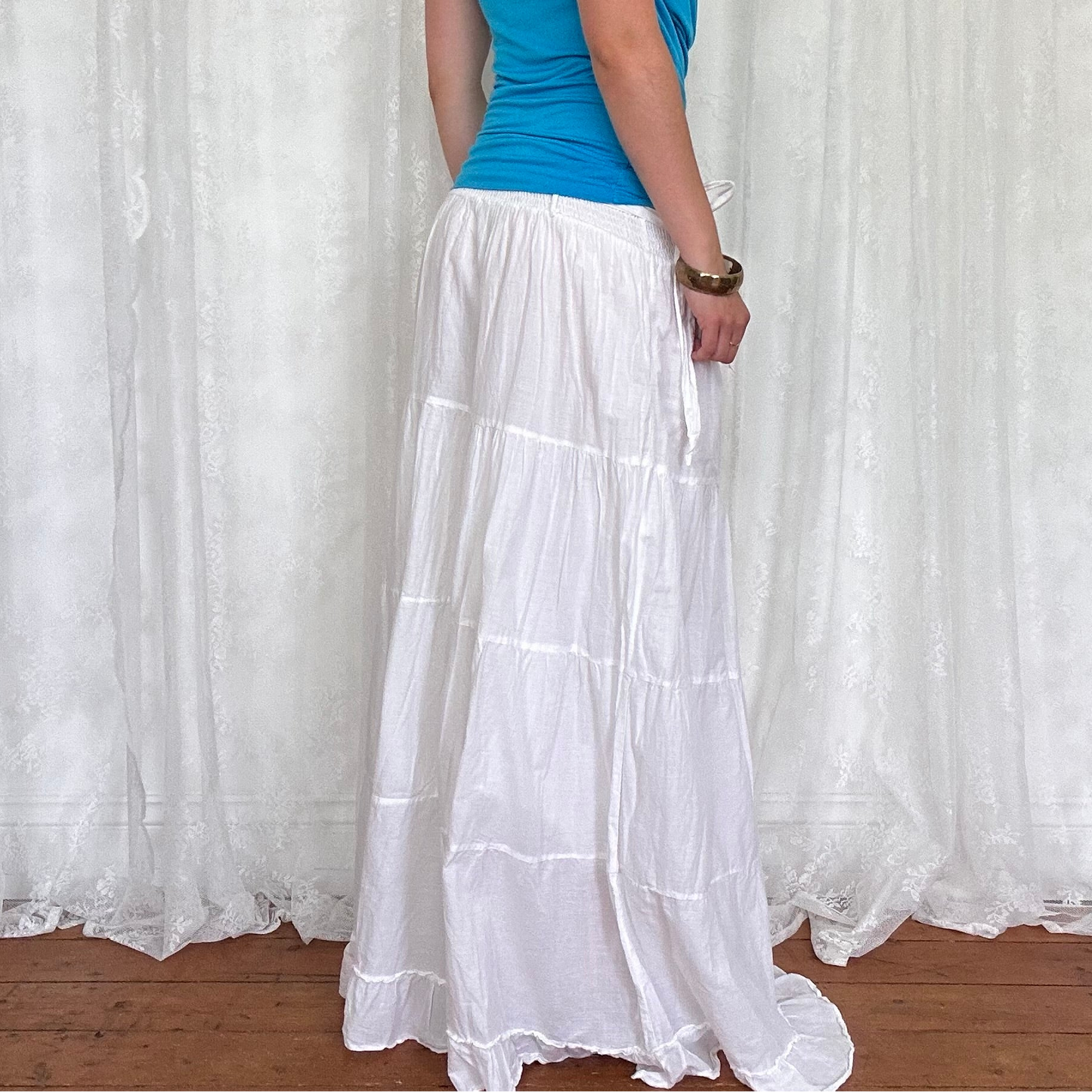 vintage 00s white tiered maxi skirt with attached belt