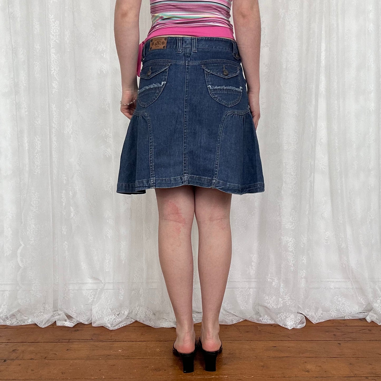 vintage 00s dark wash pleated denim midi skirt