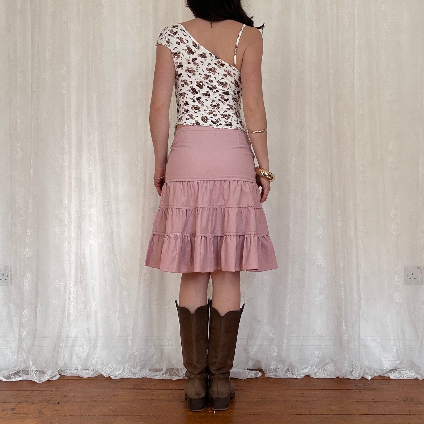 vintage 00s brown floral asymmetrical one shoulder top