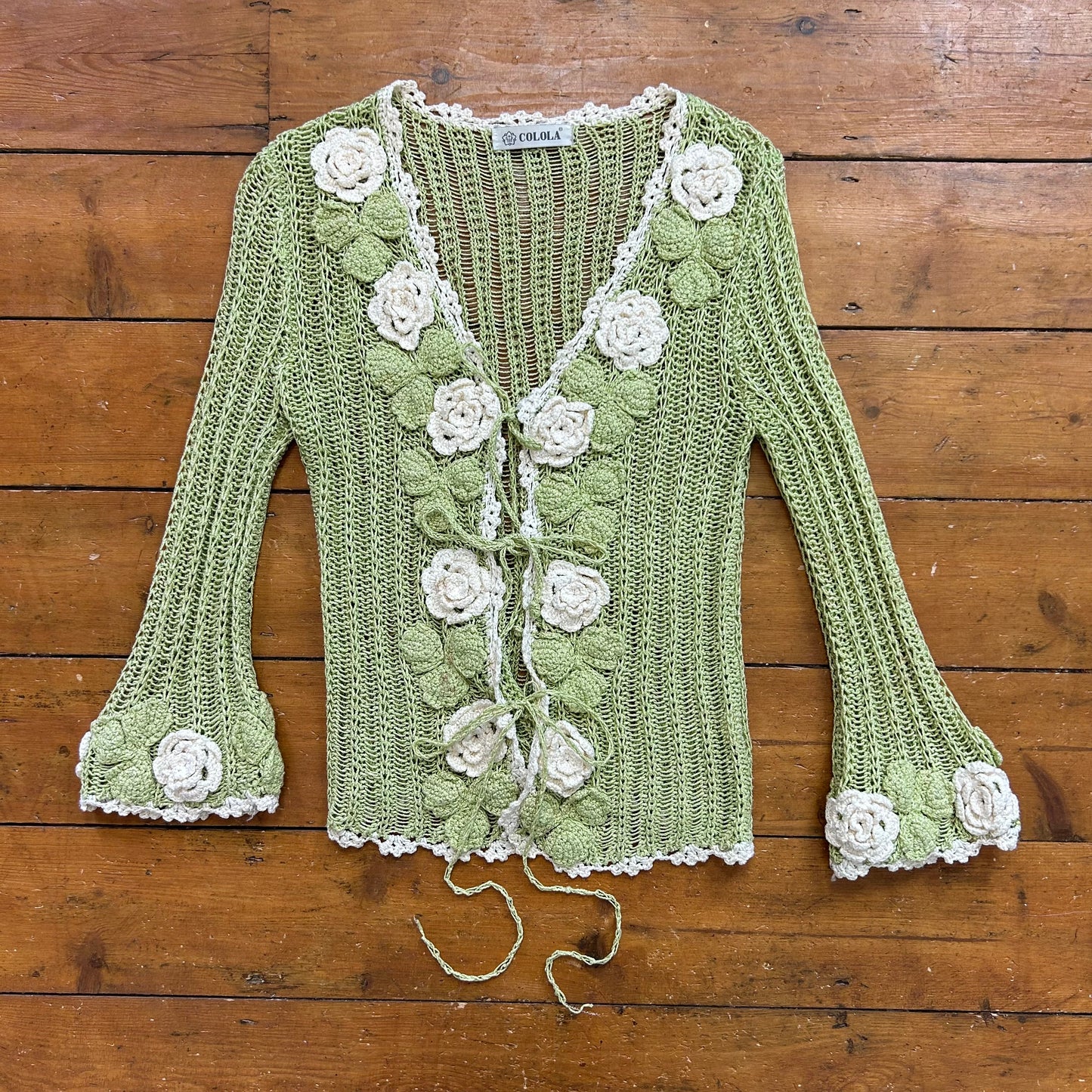 vintage 00s green floral crochet knitted cardigan