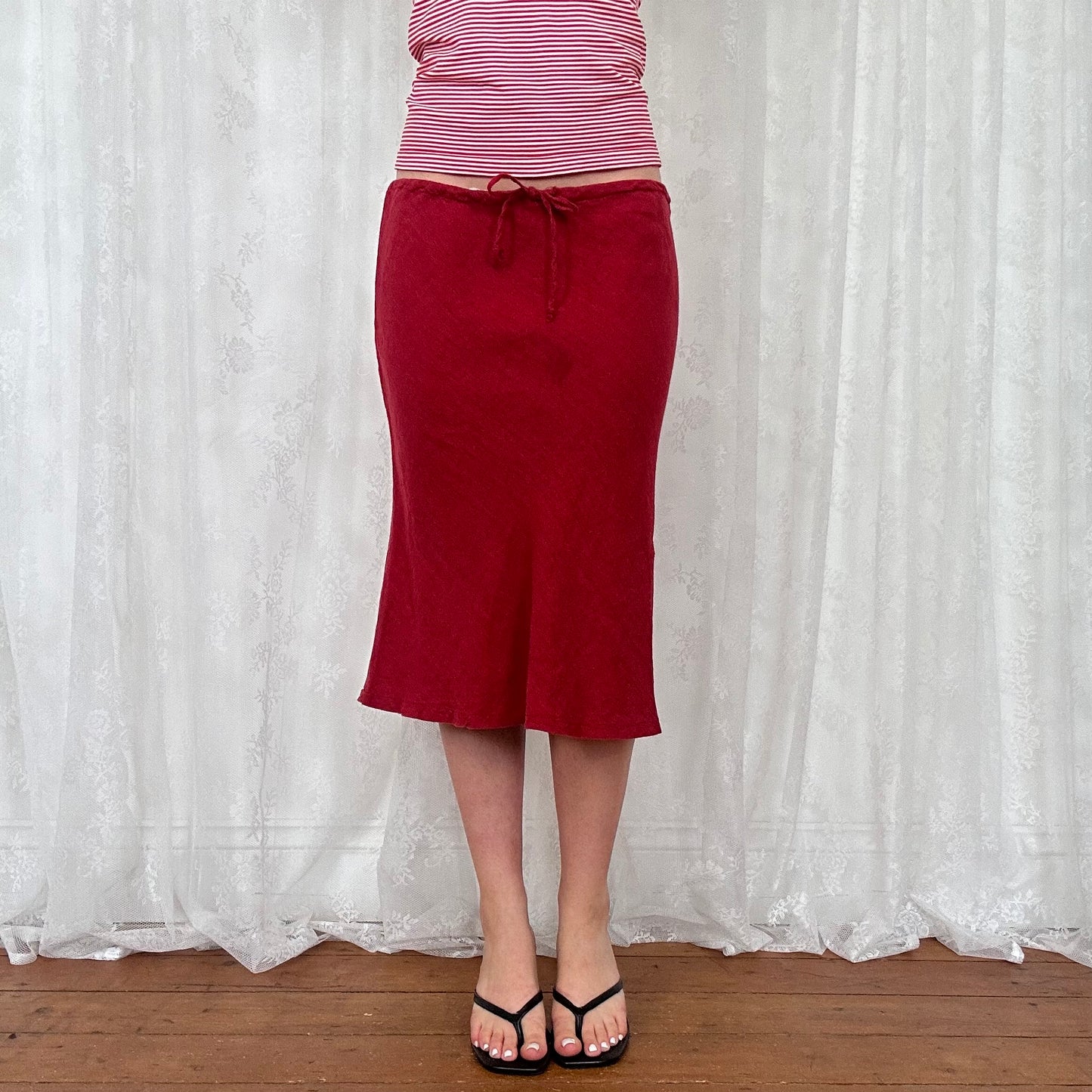 vintage 00s red linen drawstring waist midi skirt