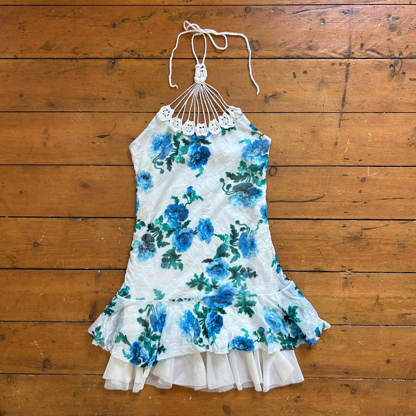 vintage 00s white and blue floral halter neck mini dress