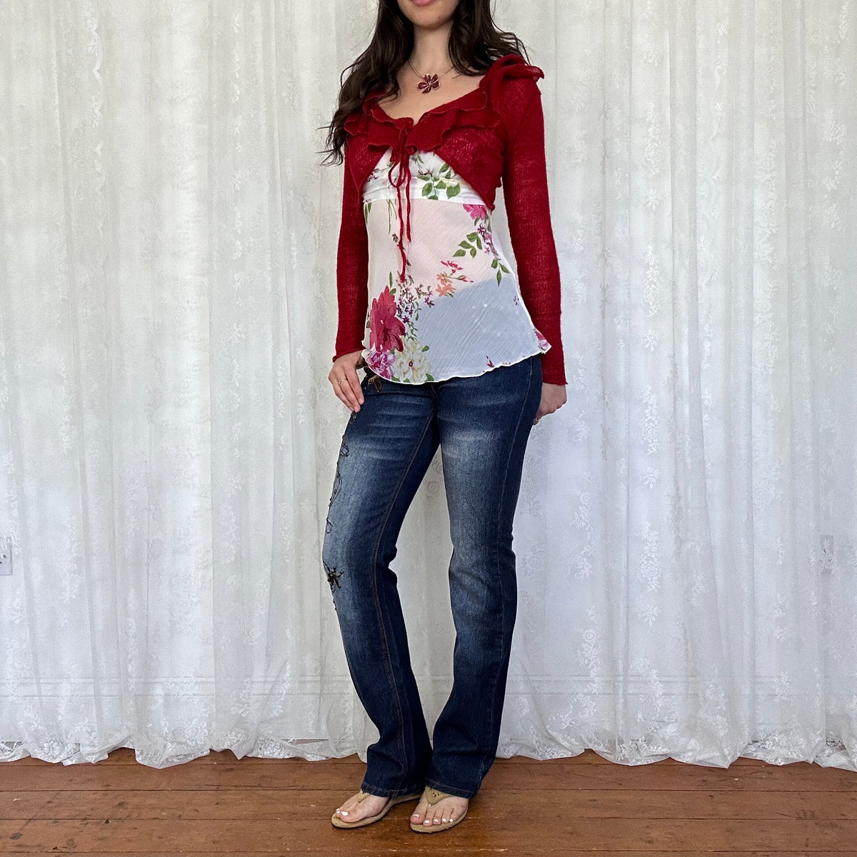 vintage 00s red ruffle tie up bolero