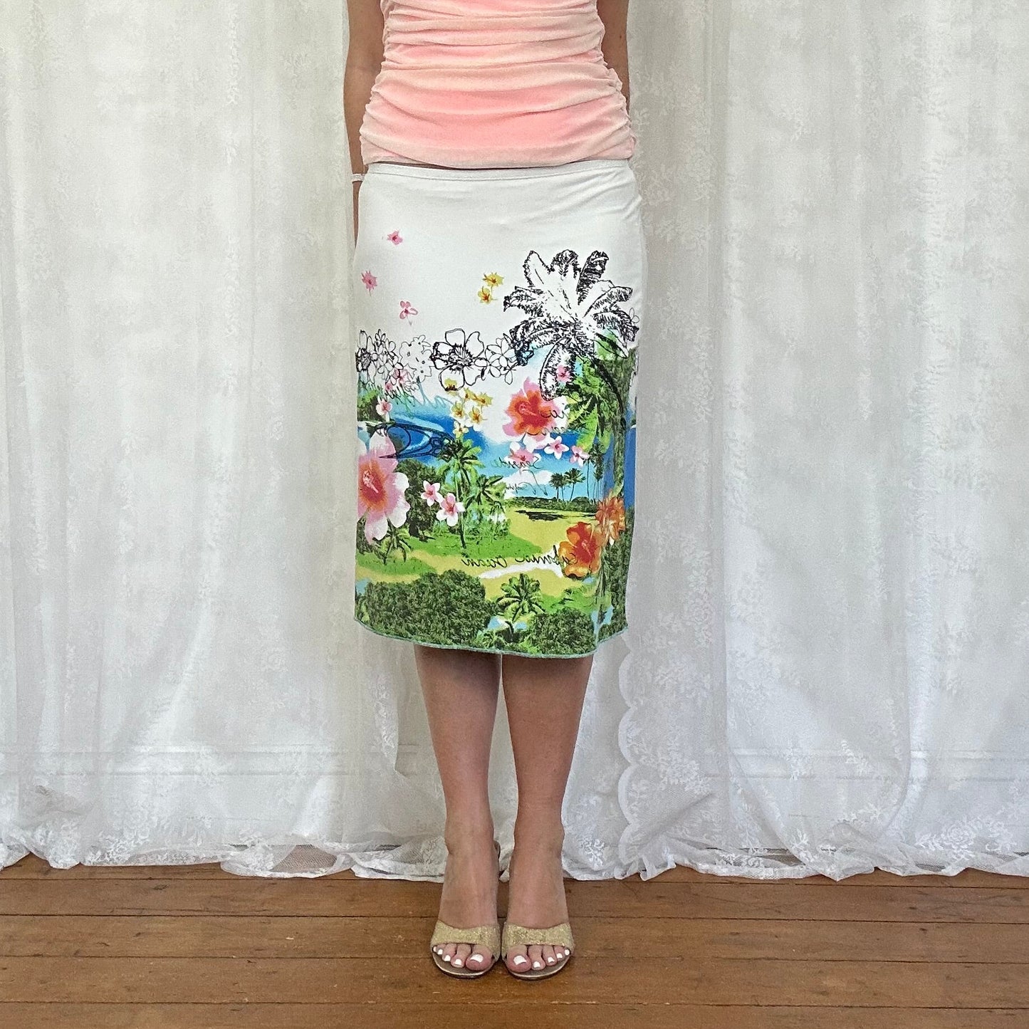 vintage 00s hawaiian floral graphic midi skirt