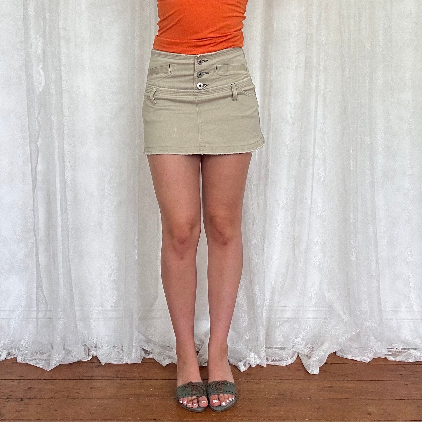 vintage 00s beige button down a line mini skirt