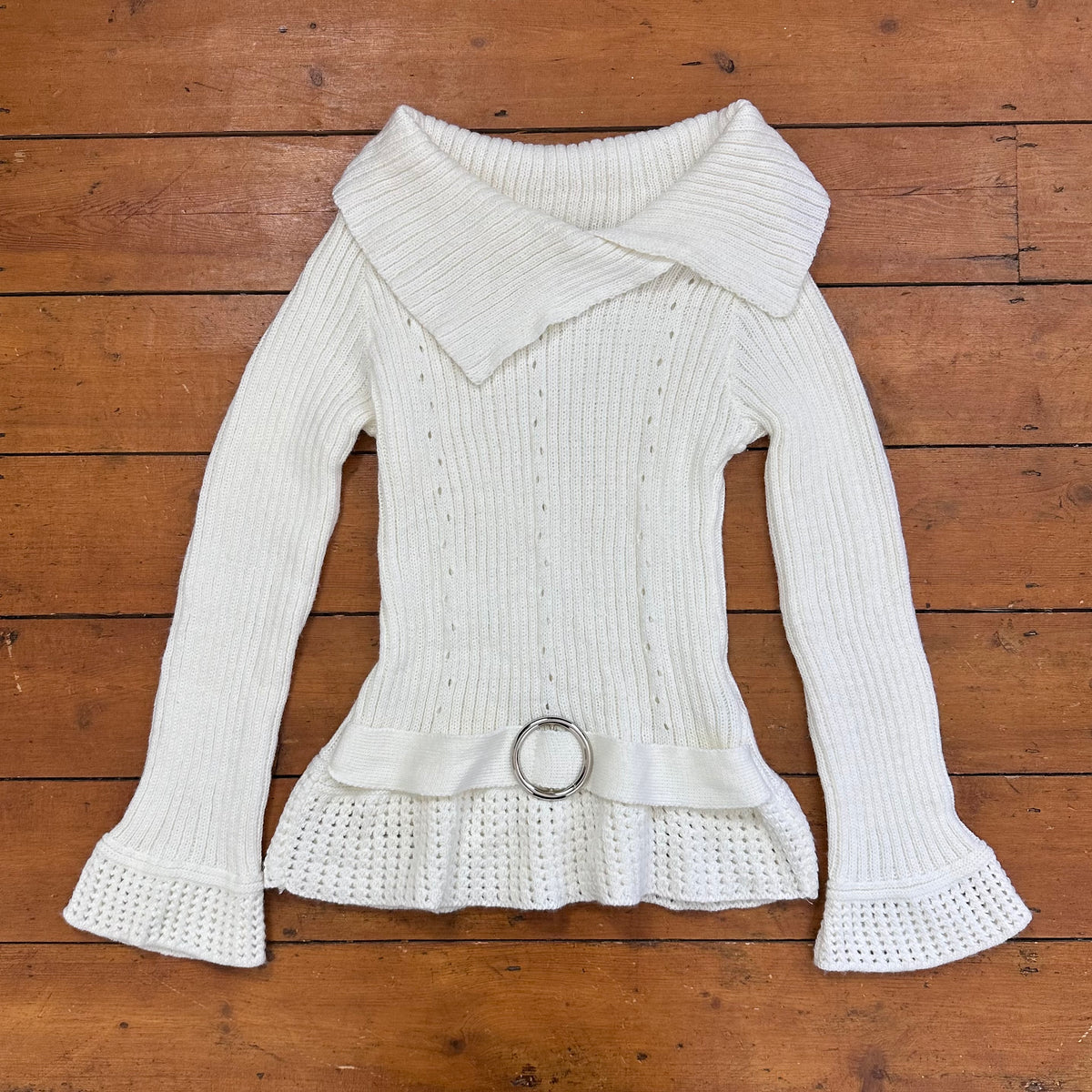vintage 00s white off shoulder buckle jumper