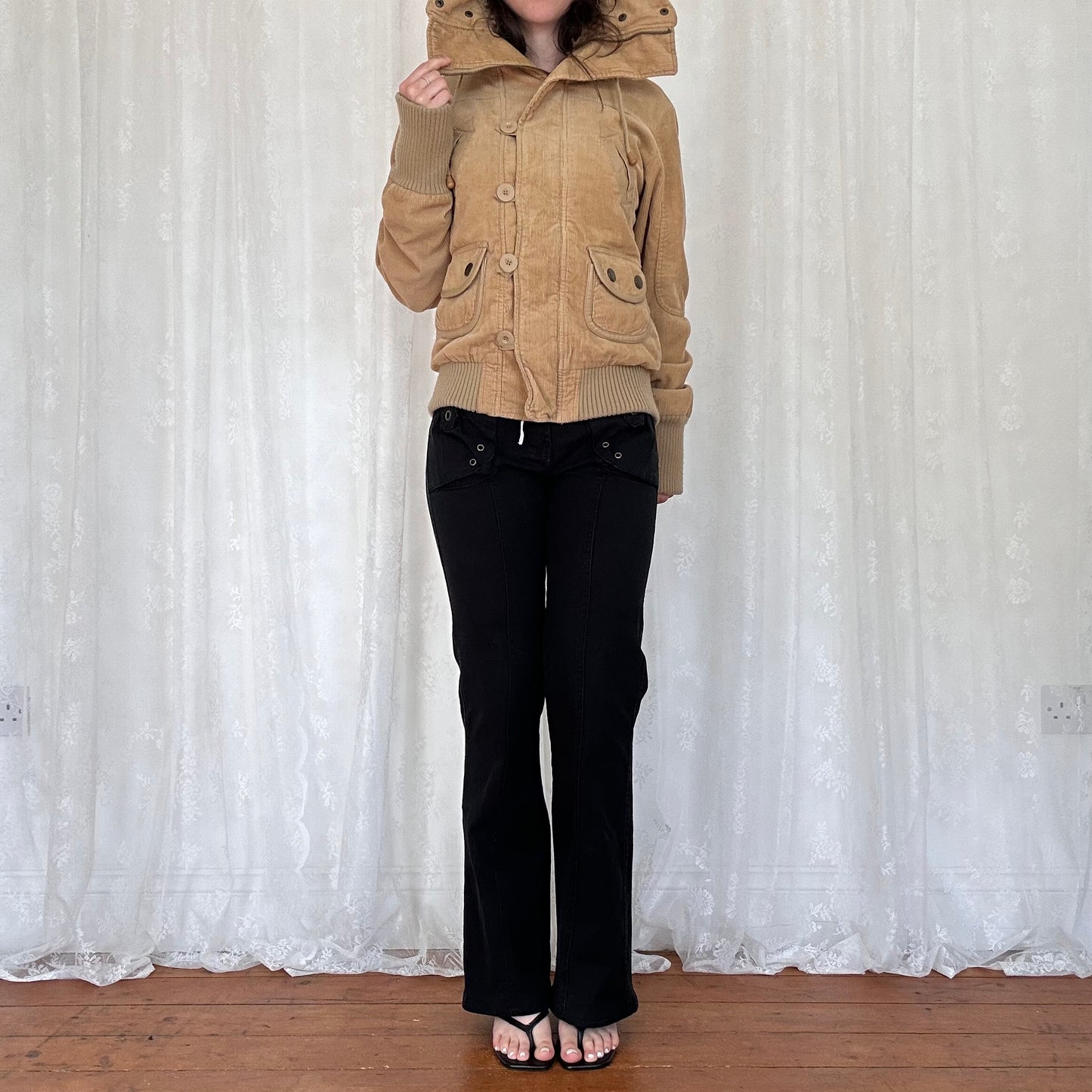 vintage 00s beige cord split hood bomber jacket