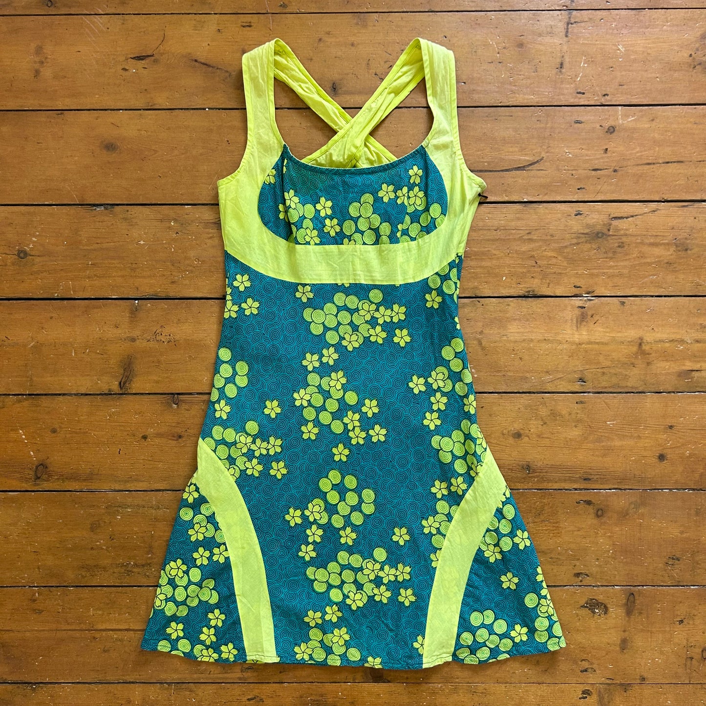 vintage 00s blue and green floral mini dress