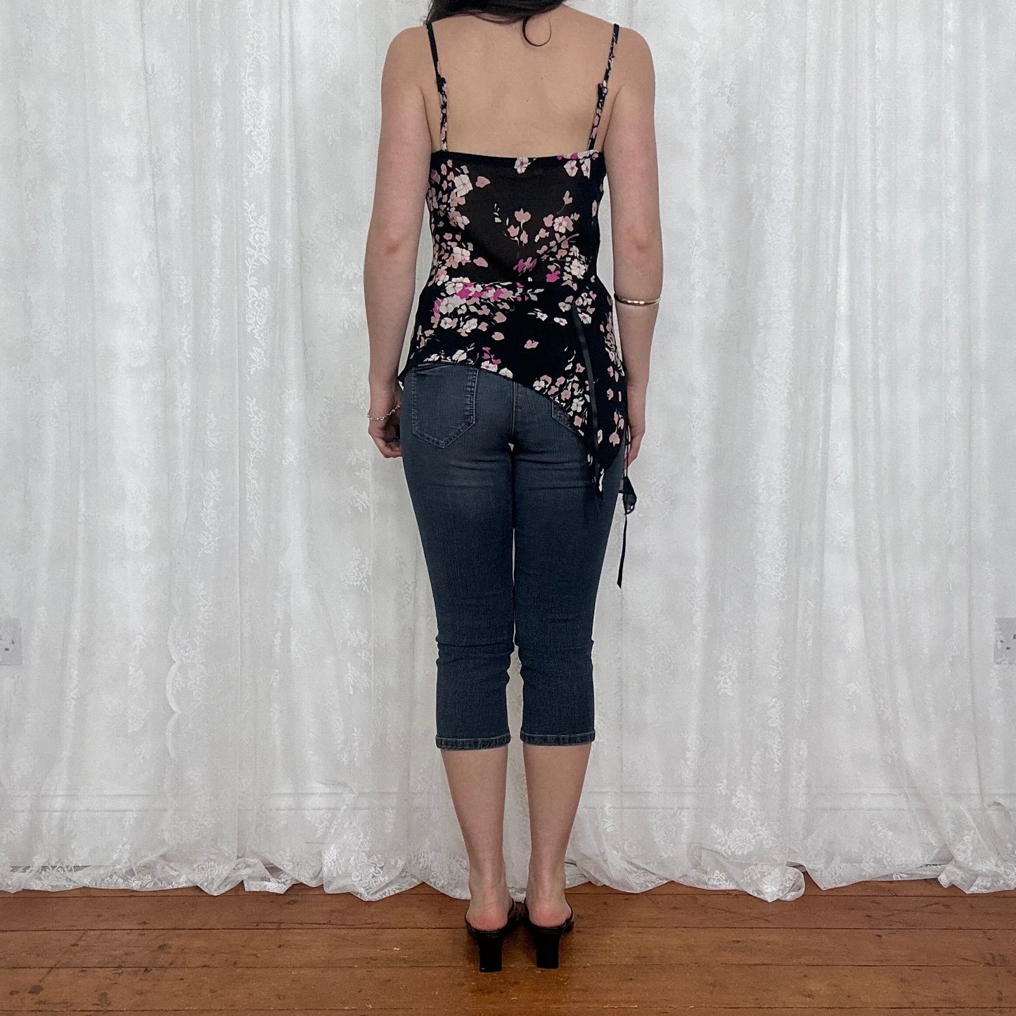 vintage 00s black floral asymmetrical cami