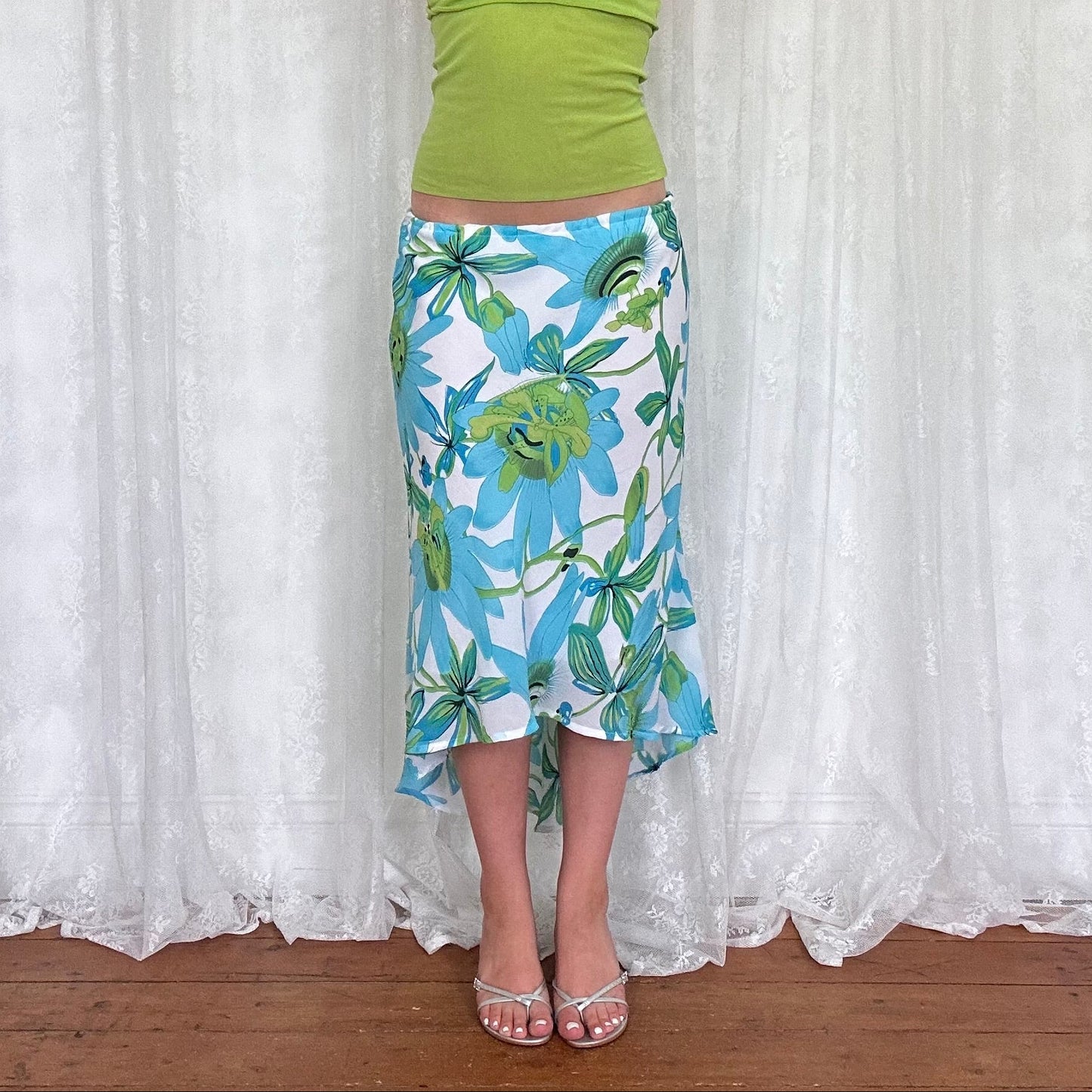 vintage 00s white and blue floral mesh midi skirt