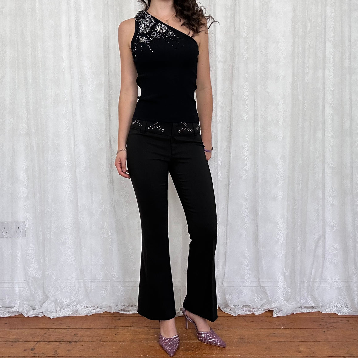 vintage 00s black beaded sequin detail one shoulder top