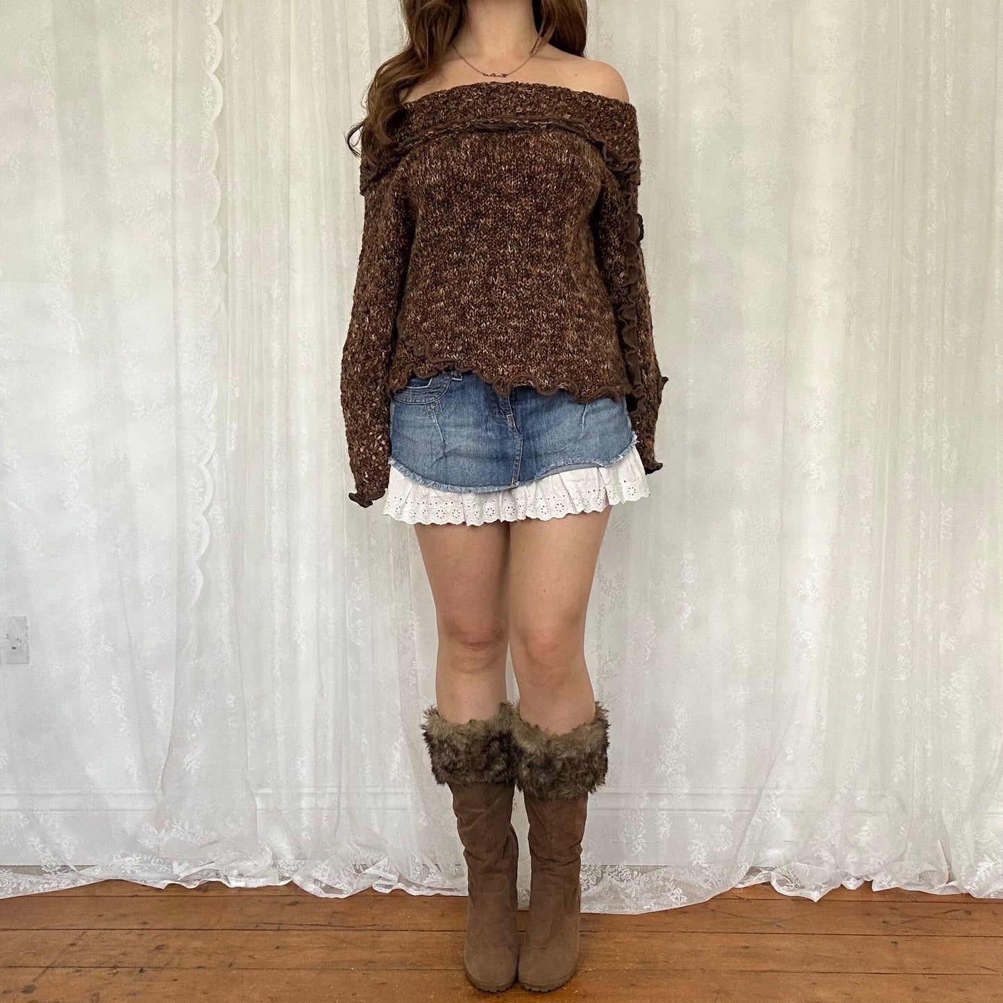 vintage 00s brown knitted off shoulder jumper