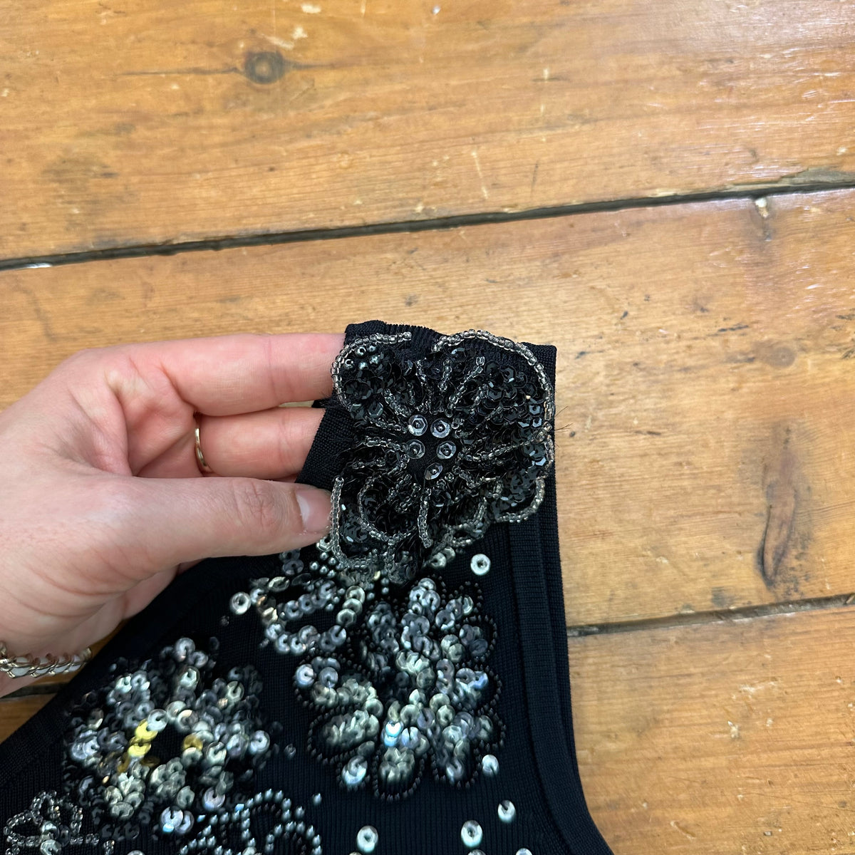 vintage 00s black beaded sequin detail one shoulder top