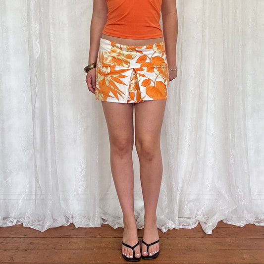 vintage 00s orange hibiscus floral mini skirt