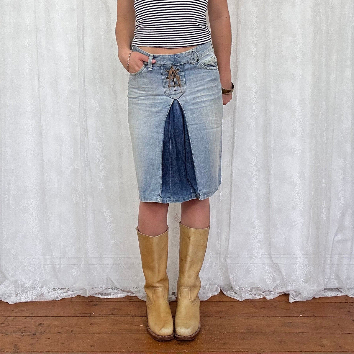 vintage 00s denim lace up midi skirt