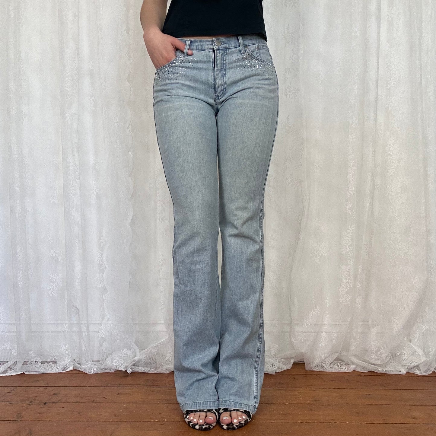 vintage 00s light wash diamante low rise jeans