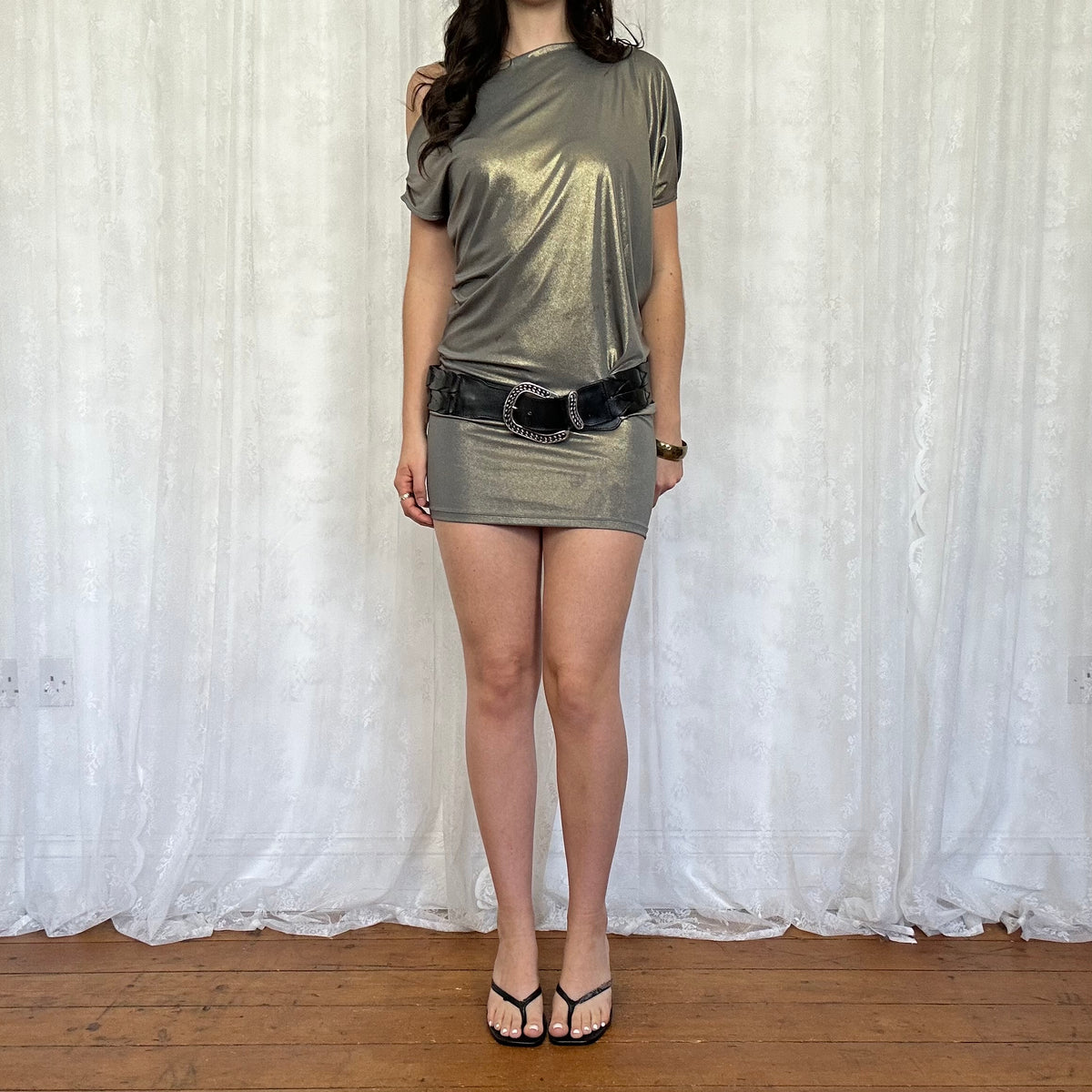 vintage 00s silver metallic one shoulder club dress
