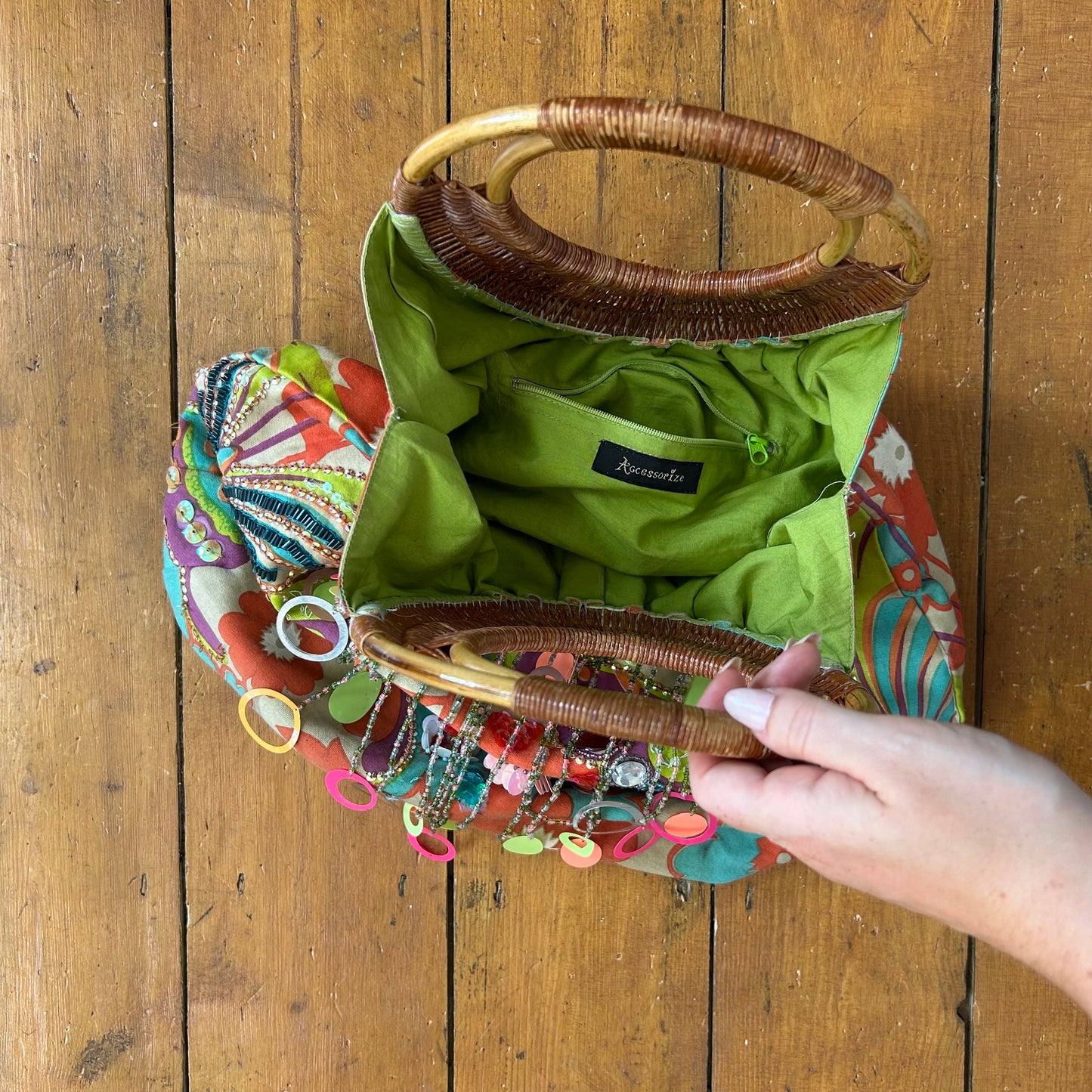 vintage 00s sequin beaded floral print wooden strap bag