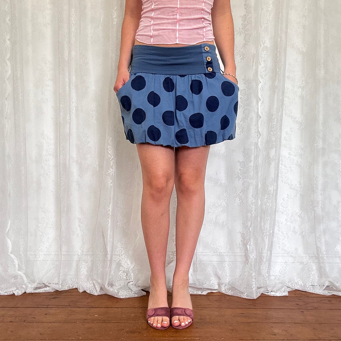 vintage 00s blue polka dot puffball skirt