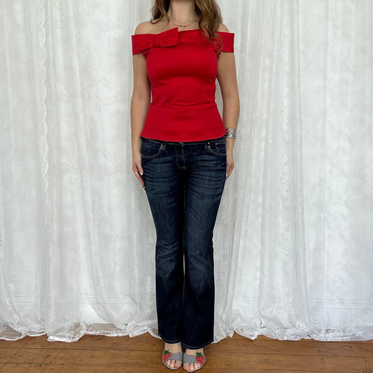 vintage 00s red fitted off shoulder bow top