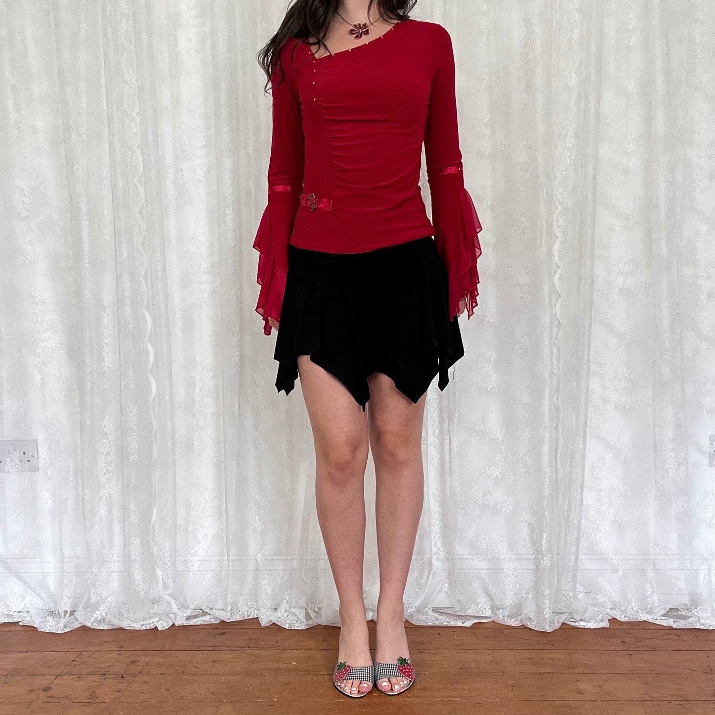 vintage 00s red asymmetrical flared sleeve top