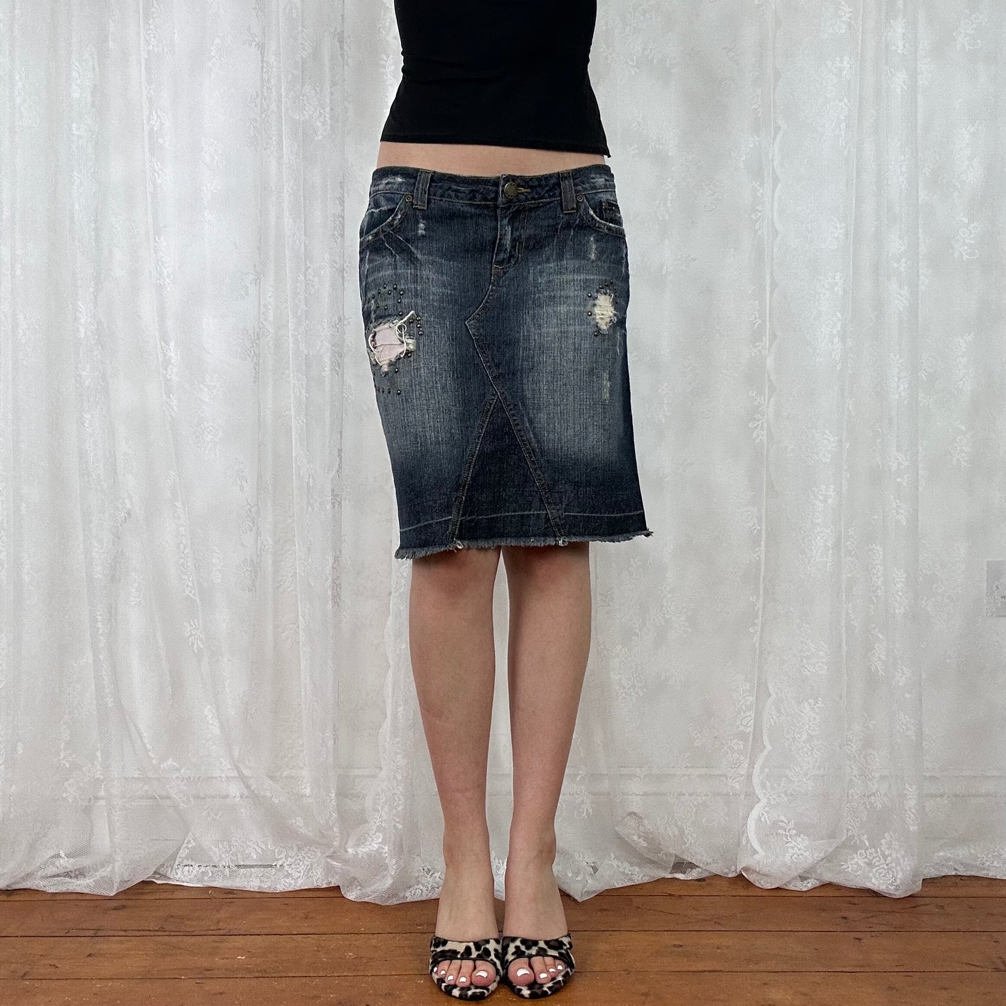 vintage 00s studded denim midi skirt