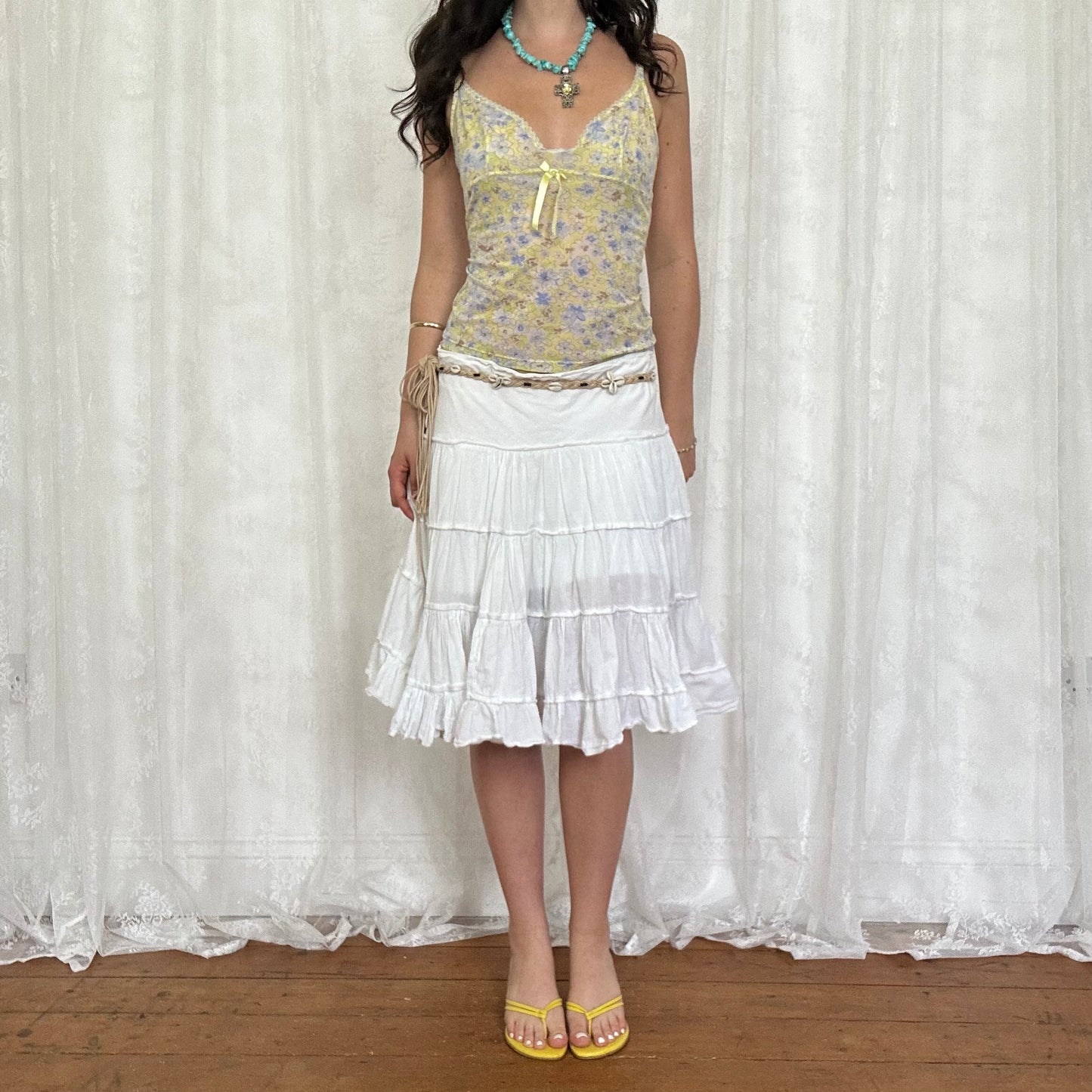 vintage 00s white tiered midi skirt